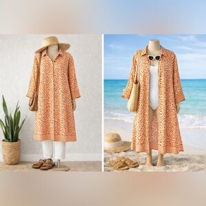 Jessica London Linen Blend Orange Geometric Shirt Dress Tunic Cover Up—24W